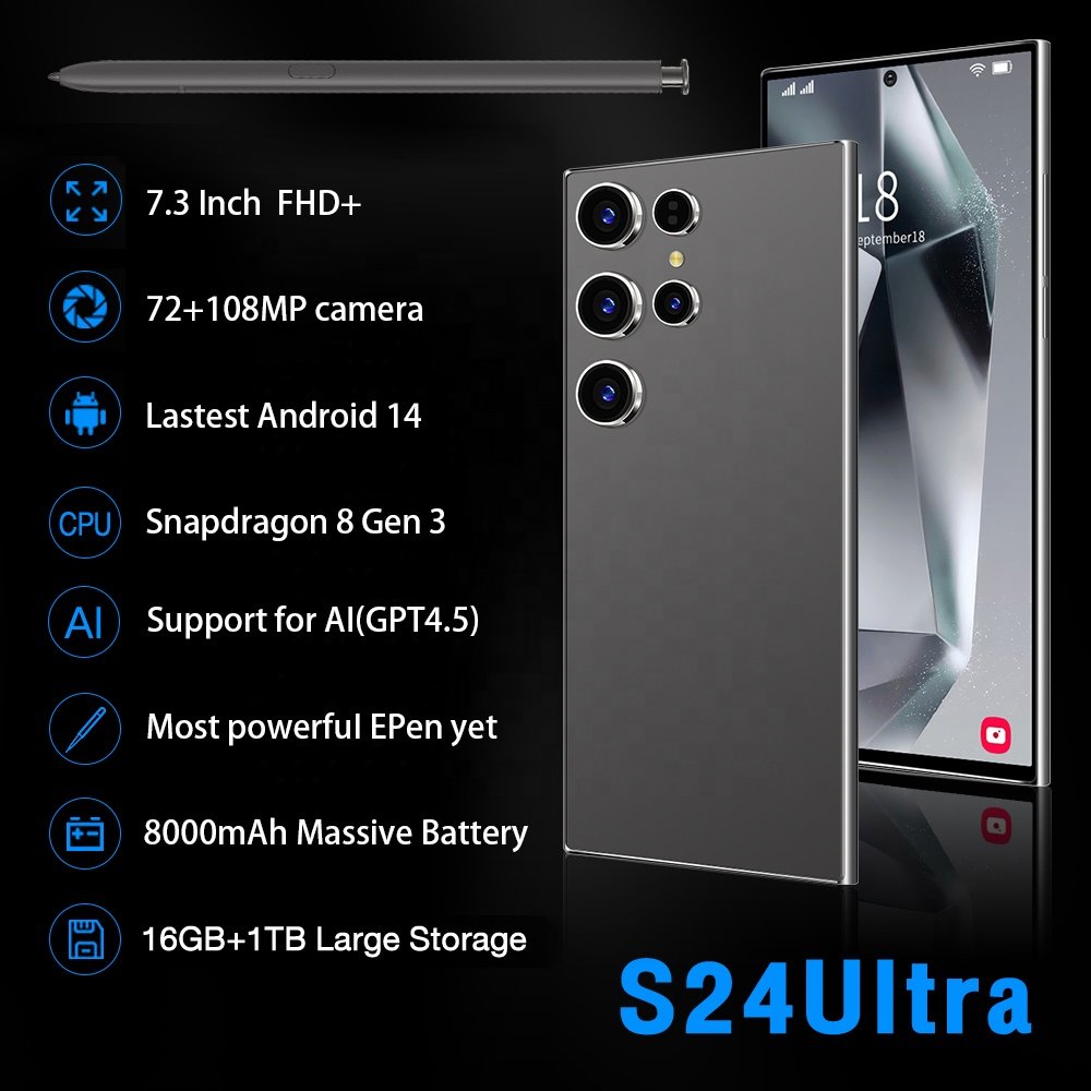 Hot selling Original S24 Ultra Android 14 Face unlock cell phone 7.3 inch HD Screen 16GB+1TB cellular 5G smart Mobile phones